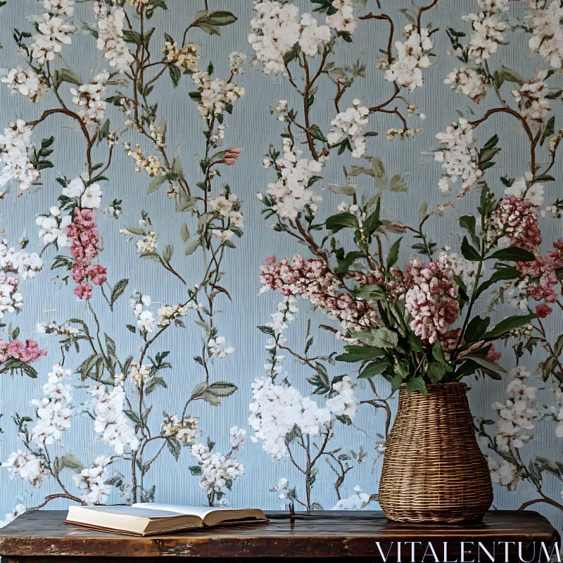 Serene Floral Arrangement on Vintage Wallpaper AI Image