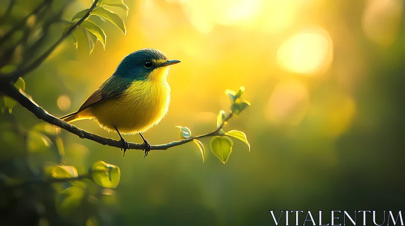 AI ART Sunlit Bird on Leafy Branch