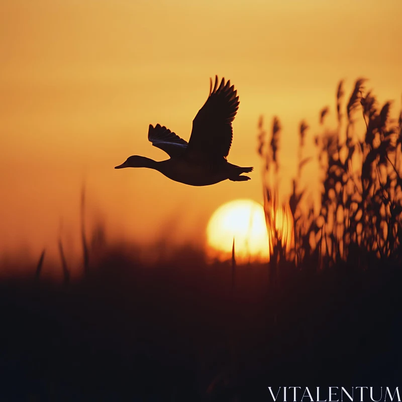 Silhouette of Duck Flying at Sunset AI Image