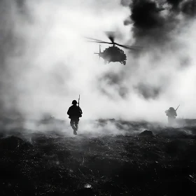 Foggy Battlefield: Soldiers and Helicopter