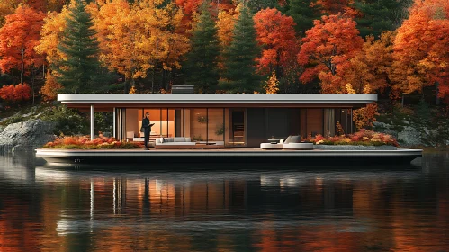 Autumnal Modern Houseboat on Serene Lake