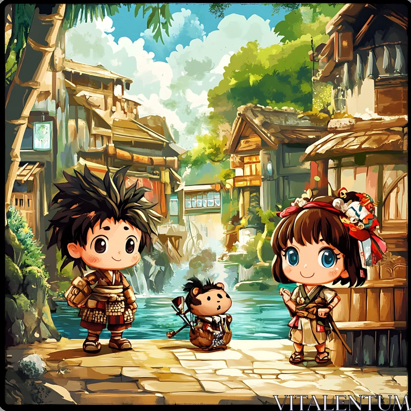 Anime River Town AI Image