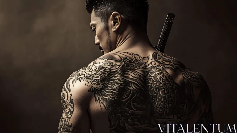 Man With Dragon Tattoo and Sword AI Image