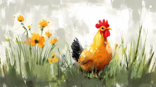 Rooster Amidst Wildflowers Art