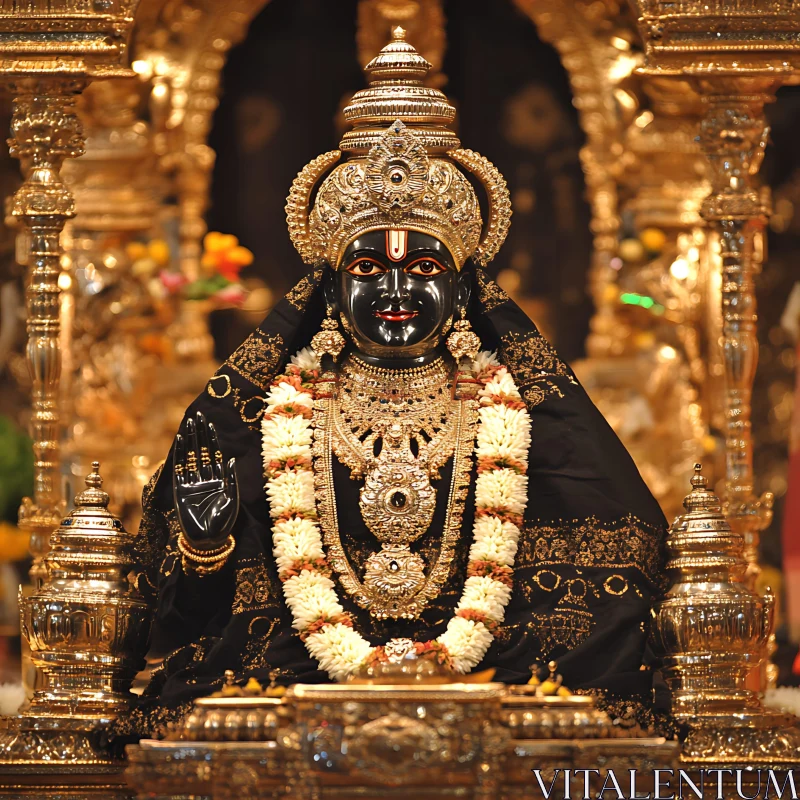 Golden Hindu God Statue with Floral Garland AI Image