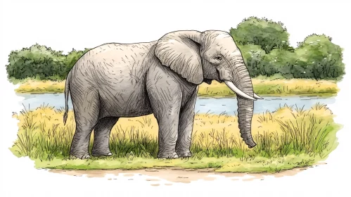 Wildlife Art: Elephant near River