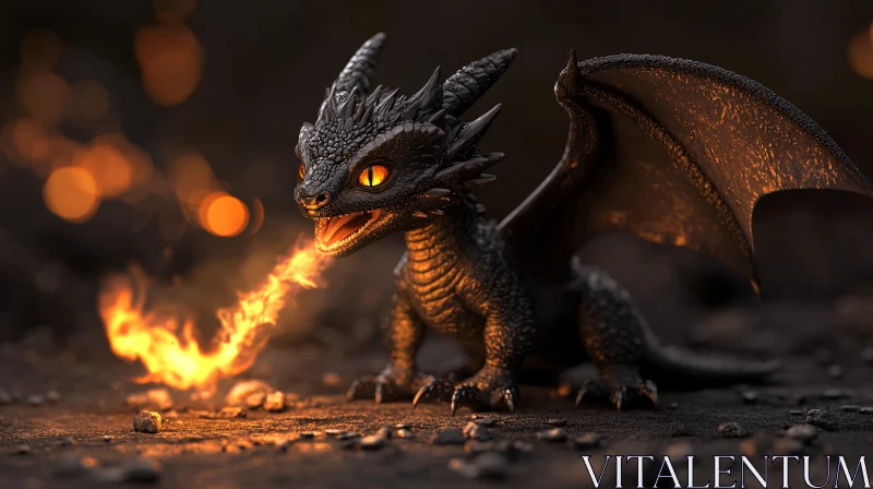 AI ART Miniature Black Dragon Fire