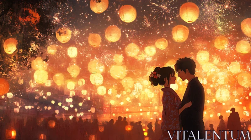 Romantic Anime Scene with Lanterns AI Image