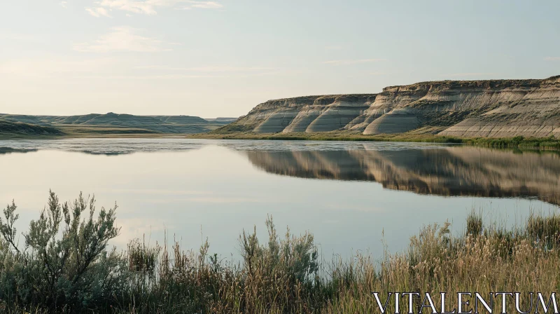 AI ART Peaceful Lake with Cliffs and Grasslands