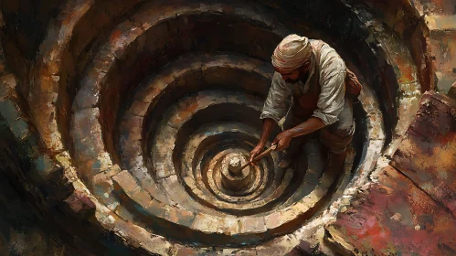 Crafting Depths: A Man's Labor in a Spiral Well