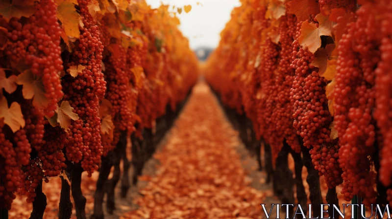 Autumn Vineyard in Monochromatic Orange and Red Tones AI Image