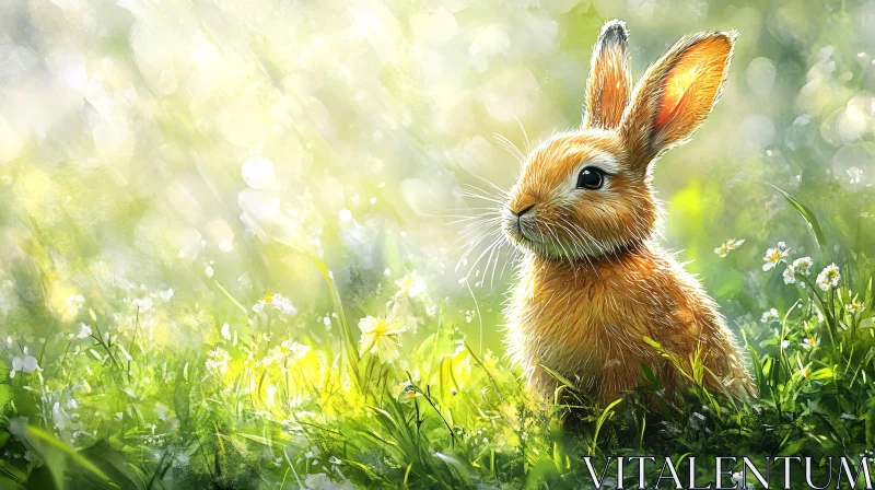 Sunlit Rabbit in Flower Meadow AI Image