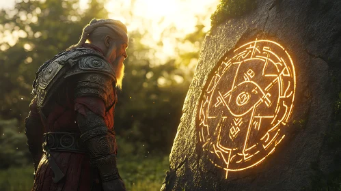 Warrior and Glowing Runes Stone