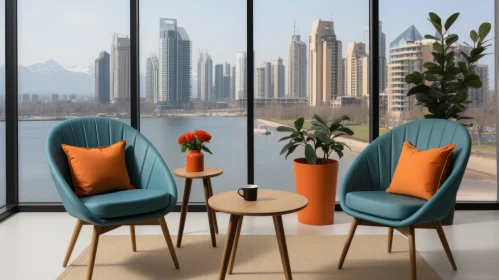 City Harbor View from Elegant Sitting Room with Botanical Impressions