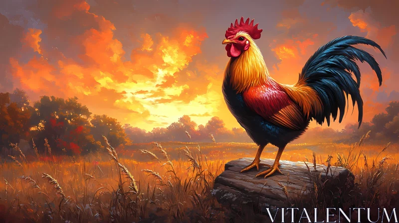 Radiant Rooster in Fiery Landscape AI Image