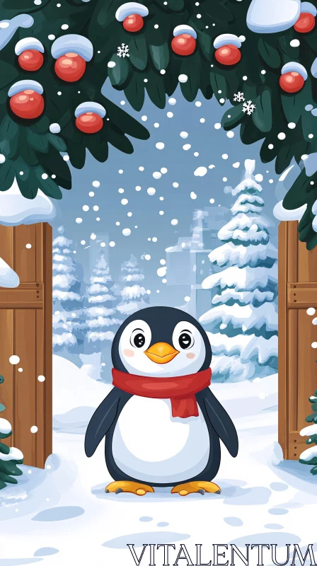 AI ART Penguin with Red Scarf in Winter