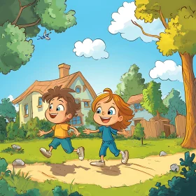 Kids Playing Cartoon Illustration