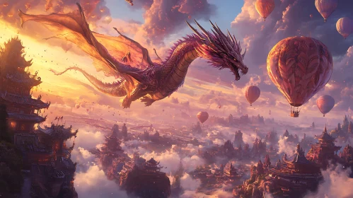 Fantasy Dragon Above Oriental City