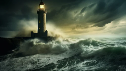 Lighthouse on Stormy Waves: A Dark Fantasy Depiction