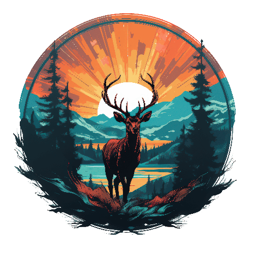 POD Design Realistic Deer Illustration Amidst a Forest Sunset