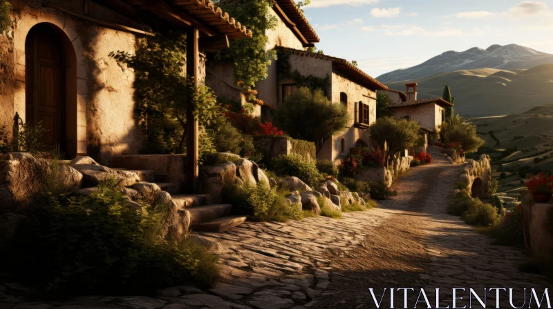 Stone Street in French Countryside with Mountain Backdrop AI Image