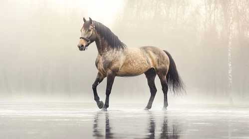 Elegant Horse and Its Reflection in Mist