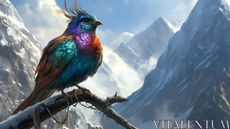 Colorful Bird on Branch with Mountain View AI Image