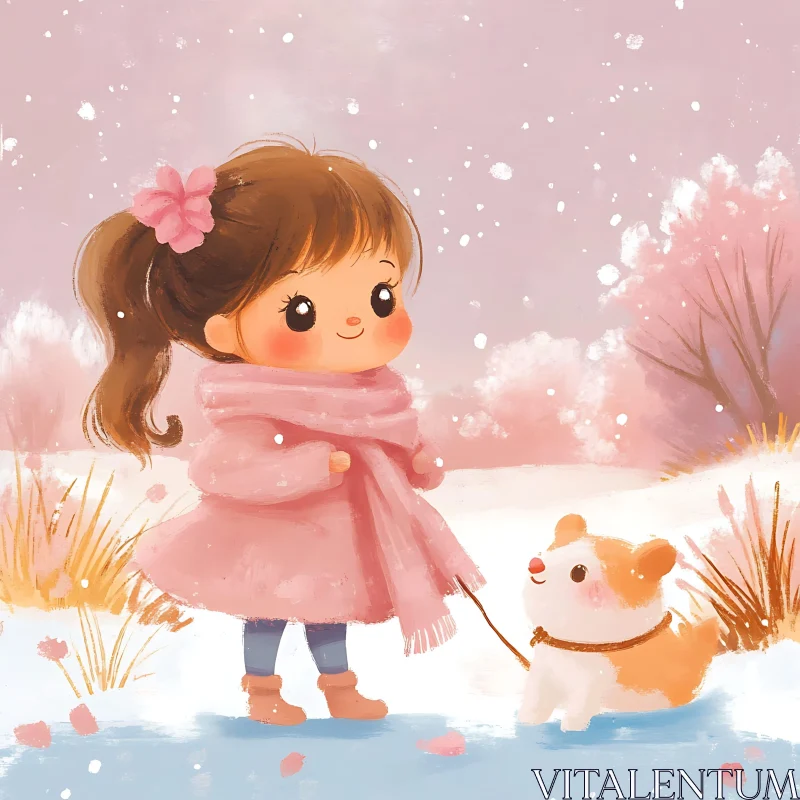 Charming Winter Scene with Girl and Dog AI Image