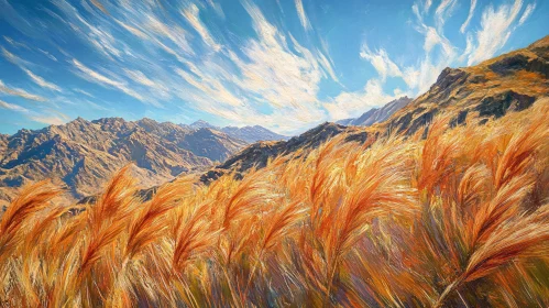 Golden Wheat Field with Mountain Background