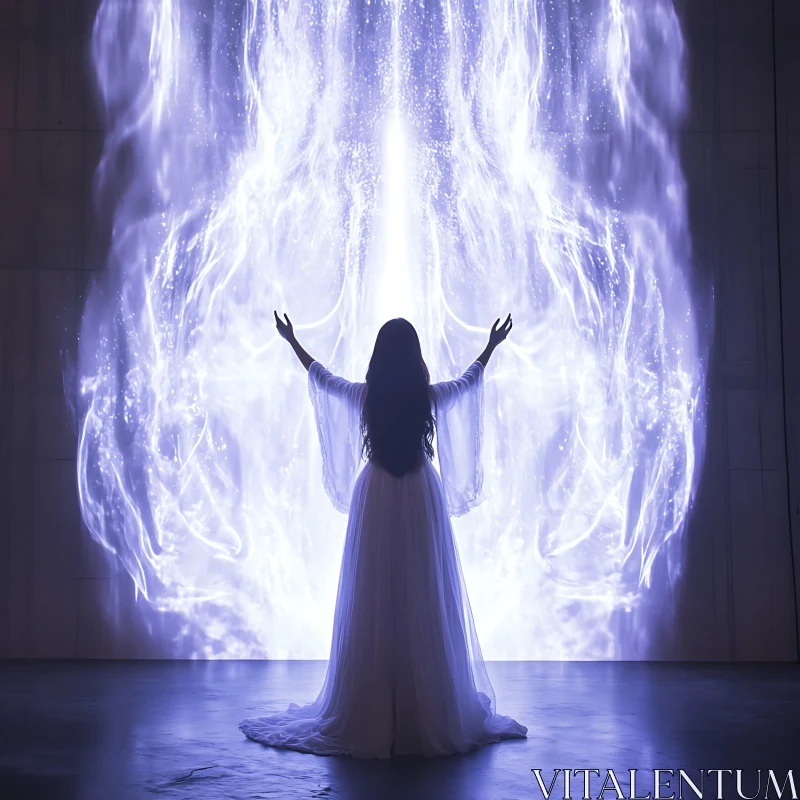 Woman in White Dress and Light Portal AI Image