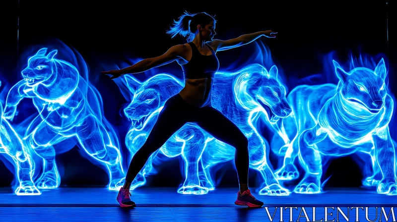 Illuminated Fitness: Wolves and Woman AI Image