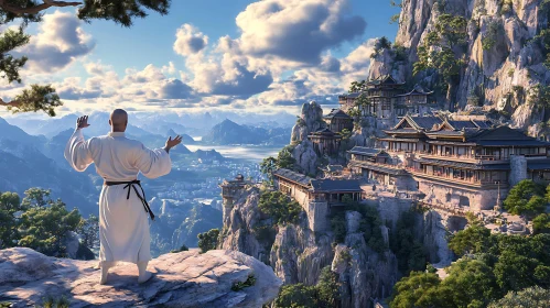 Serene Monk at Mountain Temple Overlook