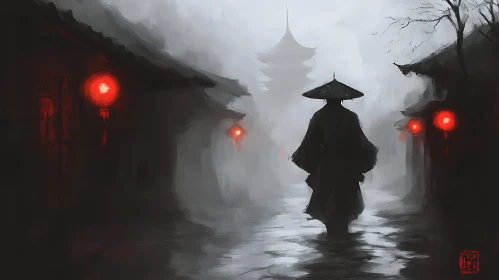 Figure in Foggy Asian Town at Night