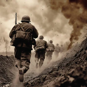 Vintage Soldiers Running Under Smoke