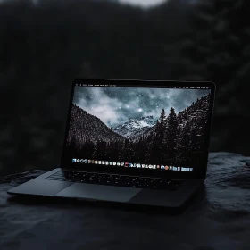 Technology Meets Nature: Laptop with Mountain and Forest Wallpaper