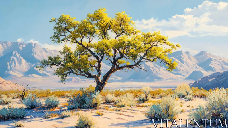 AI ART Desert Solitude: Tree Amidst Mountain Scenery