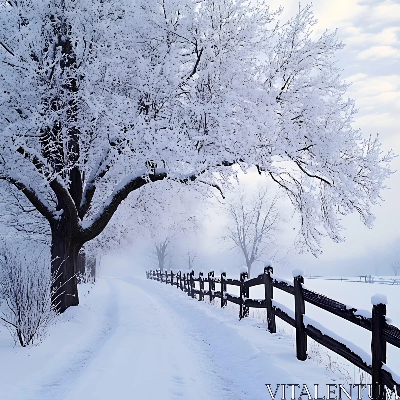 Tranquil Snowy Path with Wooden Fence in Winter AI Image