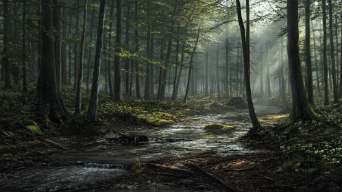 Peaceful Woodland Stream with Sunlit Trees