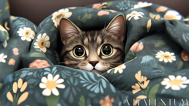 Cute Cat Wrapped in Flower Blanket AI Image