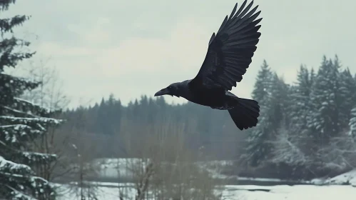 Black Raven in Winter Flight