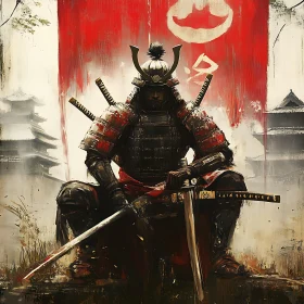 Seated Samurai with Red Banner