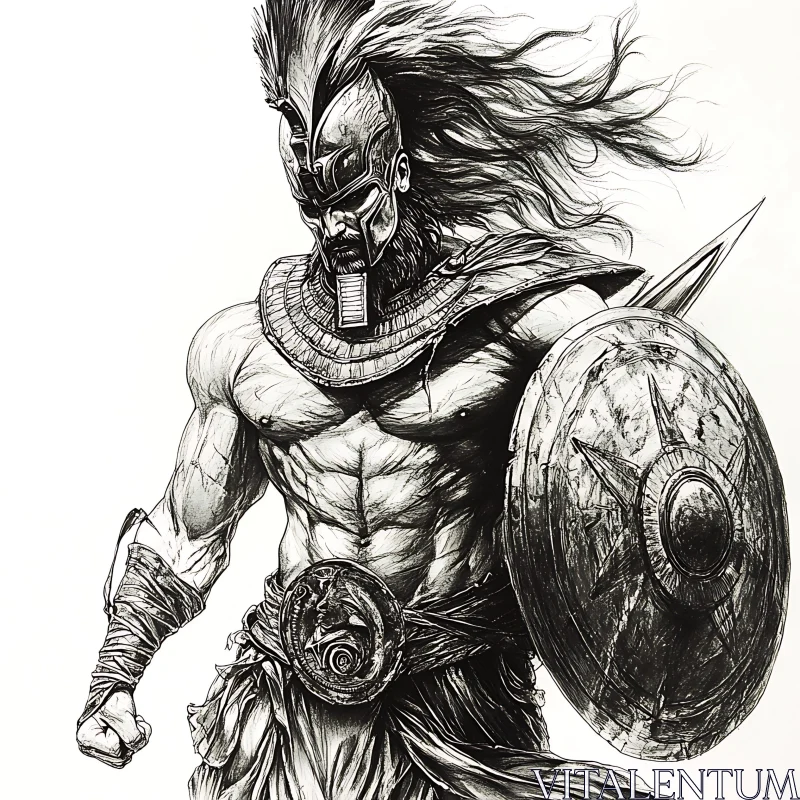 Monochrome Drawing of a Muscular Warrior AI Image