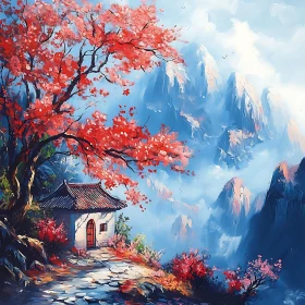 Asian Landscape with Blossoms and Mountains