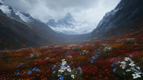 Majestic Mountains with Colorful Flower Field