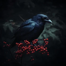 Black Raven with Red Berries