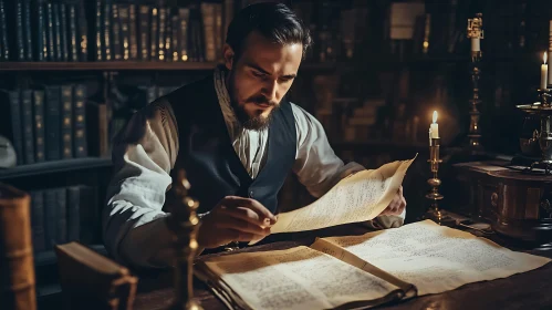 Vintage Man Reading Old Manuscripts