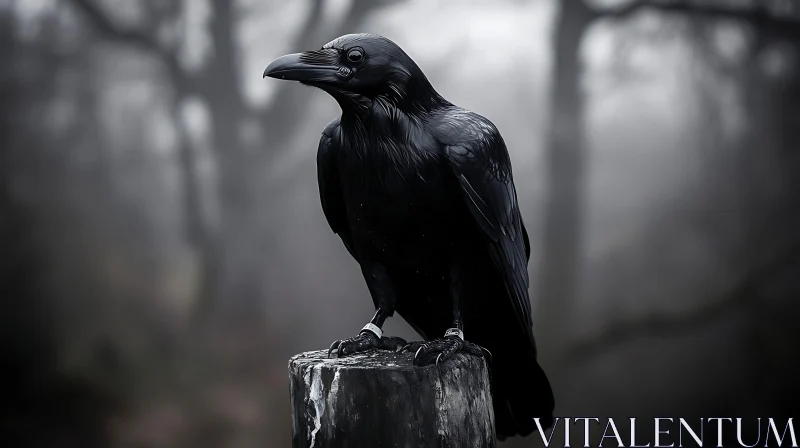 Black Raven Portrait on Wooden Post AI Image