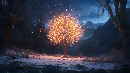 Glowing Tree in Snowy Night