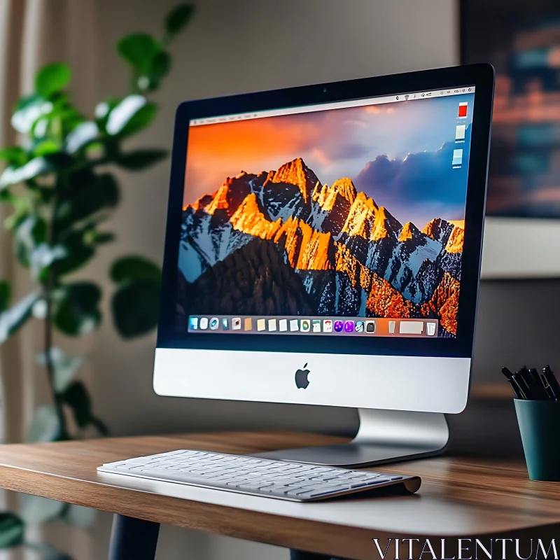 AI ART Sleek iMac Setup with Scenic Mountain Wallpaper