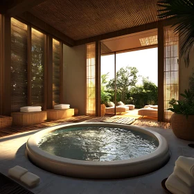 Tranquil Spa with Circular Hot Tub and Wooden Accents